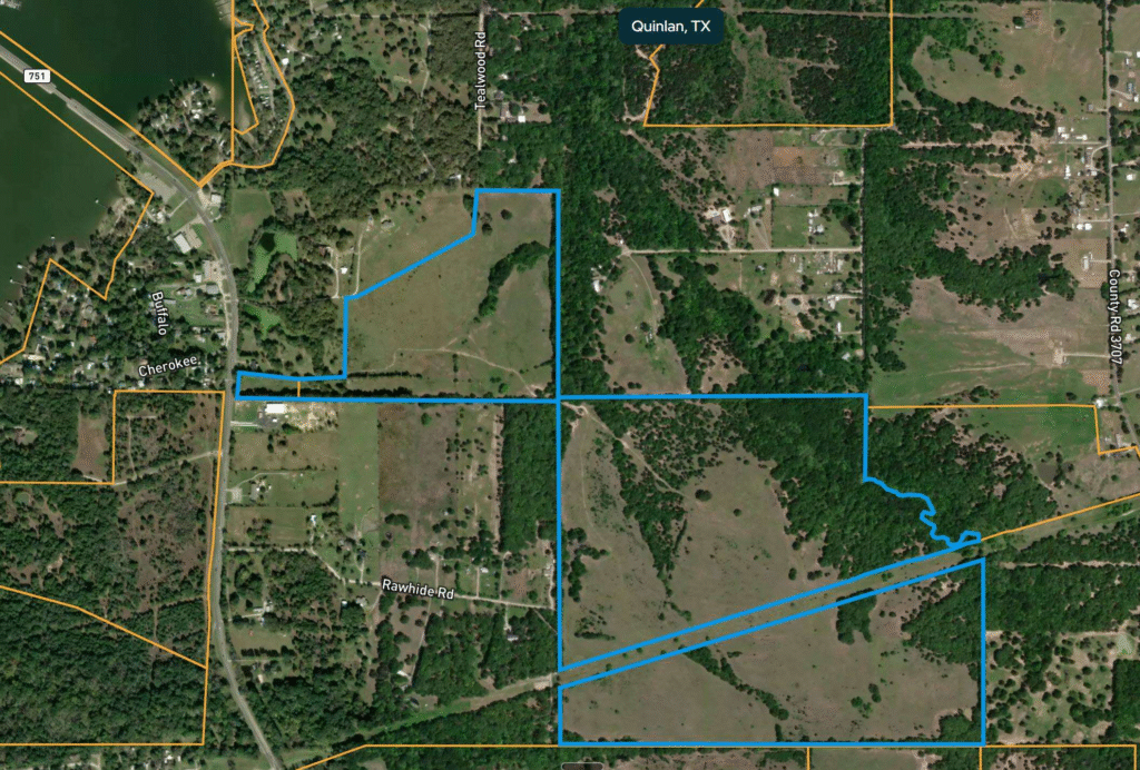 Aerial boundary map of 203 acres on FM 751 near Lake Tawakoni in Hunt County, Texas, with the property outlined in blue